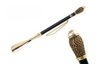 gold-plated jet crystal handle long handle handmade Italian luxury shoehorn front view