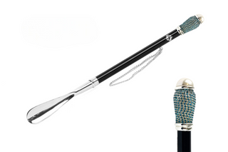 silver-plated aquamarine crystal handle handmade Italian luxury shoehorn front view