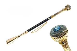 24K gold-plated aquamarine crystal gift box long handle handmade Italian luxury shoehorn front view