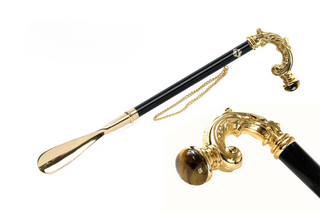 24K gold-plated tiger's eye stone handle long handle handcrafted Italian luxury shoehorn front view