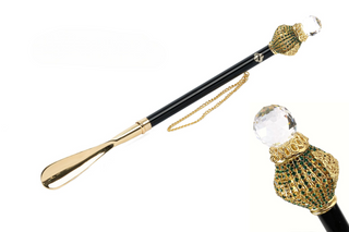 24K gold-plated emerald crystal handle long handle handcrafted Italian luxury shoehorn front view