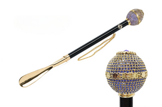 gold-plated brass sapphire crystal handle 53cm long handle handmade Italian luxury shoehorn front view