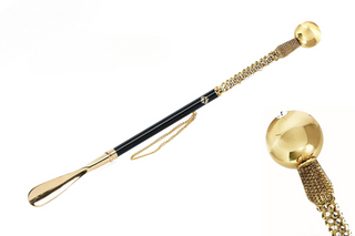 24K gold-plated crystal embellished long handle handcrafted Italian luxury shoehorn front view