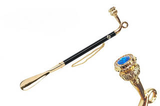 gold-plated blue crystal gift box long handle handmade Italian luxury shoehorn front view