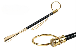 24K gold-plated crystal embellished handle 53cm long handle handmade Italian luxury shoehorn front view