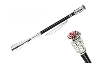 silver-plated red crystal embellishment long handle handmade Italian designer luxury shoehorn front view