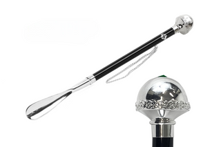 925 silver-plated emerald crystal knob long handle handmade Italian luxury shoehorn front view
