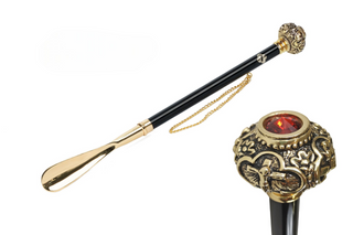 gold-plated red crystal knob long handle handmade Italian luxury shoehorn front view