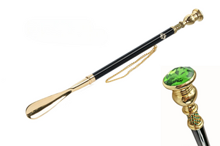 gold-plated brass green crystal accent long handle handcrafted Italian luxury shoehorn front view