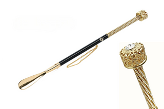 gold-plated crystal detail long handle handcrafted Italian luxury shoehorn front view