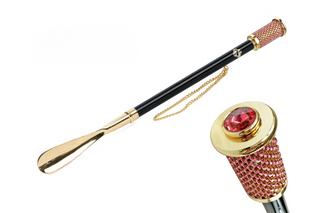 24K gold-plated pink crystal accent long handle handcrafted Italian luxury shoehorn front view