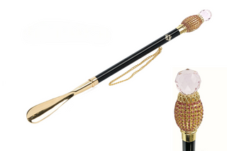 gold-plated pink crystal handle long handle handmade Italian luxury shoehorn front view
