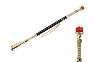 24K gold-plated brass large red crystal long handle handcrafted Italian luxury shoehorn front view