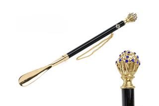 gold-plated sapphire crystal 53cm long handle handcrafted Italian luxury shoehorn front view