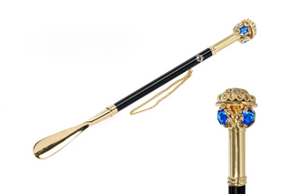 24K gold-plated blue crystal handle long handle handcrafted Italian luxury shoehorn front view