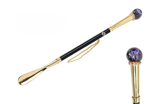 24K gold-plated amethyst crystal handle long handle handmade Italian luxury shoehorn front view