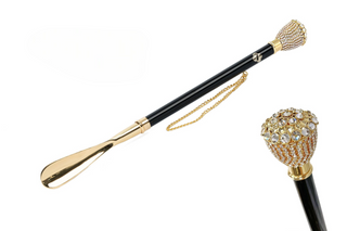 gold-plated crystal handle long handle handmade Italian luxury shoehorn front view
