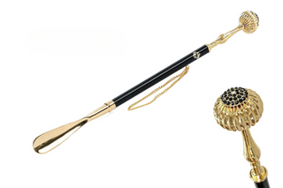 24K gold-plated jet crystal handle gift box long handle handcrafted Italian luxury shoehorn front view
