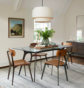 Linen drum pendant with beige fabric tiered shade — dining