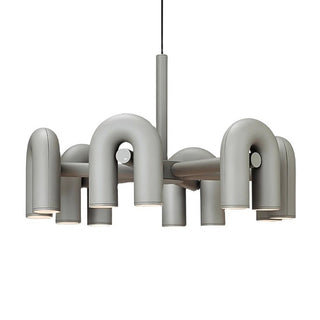 Industrial pipe LED chandelier close-up metal fitting detail