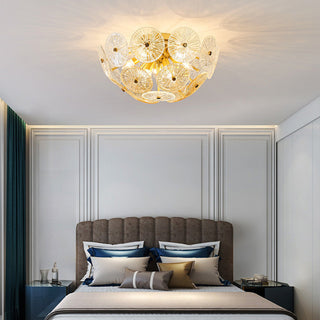 Modern gold starburst glass chandelier wide view — sparkling warm