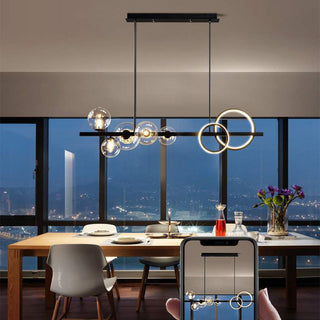 Scandinavian LED chandelier metal rod bubble design close-up