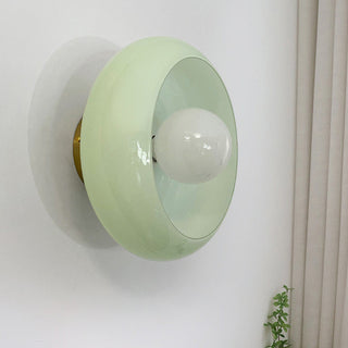 Mid-century glass semi-flush ceiling fixture installed, elegant