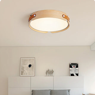 Round wood ceiling fixture with triple color lighting, retro