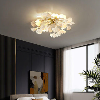 Modern white ceramic ceiling light in living room, flower shade