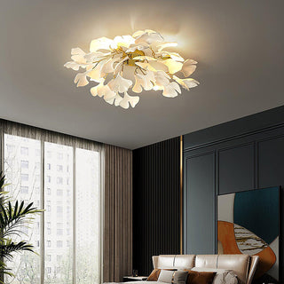 White petal ceiling lamp from below, artistic ceramic light