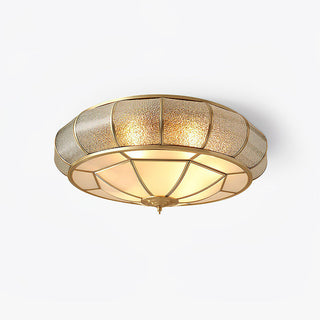 Mid-Century Gold Ceiling Light - Glass Drum Fixture With Brass Finish