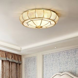 Mid-Century Gold Ceiling Light - Glass Drum Fixture With Brass Finish