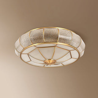 Mid-Century Gold Ceiling Light - Glass Drum Fixture With Brass Finish