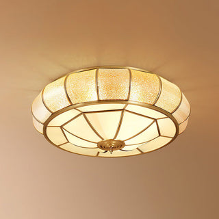 Mid-Century Gold Ceiling Light - Glass Drum Fixture With Brass Finish