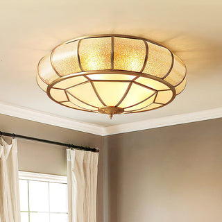 Mid-Century Gold Ceiling Light - Glass Drum Fixture With Brass Finish