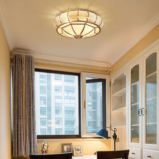 Mid-Century Gold Ceiling Light - Glass Drum Fixture With Brass Finish