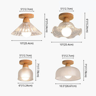 Semi-flush Scandinavian ceiling light, wood glass shade design
