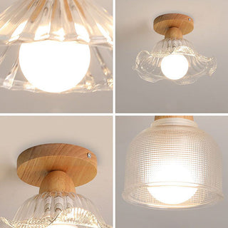 Scandinavian semi-flush ceiling lamp, wood and glass shade