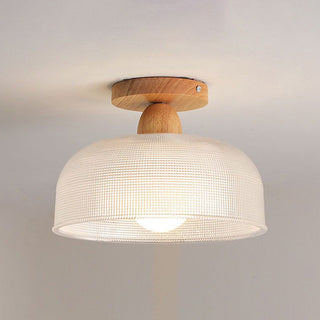 Scandinavian semi-flush ceiling light with wood and glass shade