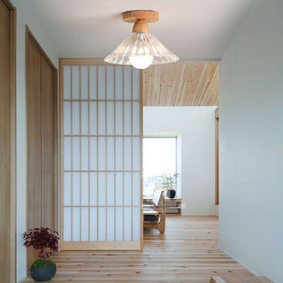 Semi-flush wood glass ceiling light, Scandinavian design