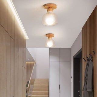 Wood glass shade ceiling lamp, Scandinavian semi-flush design