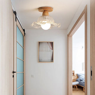 Scandinavian ceiling fixture with wood glass shade, semi-flush