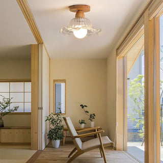 Scandinavian wood glass ceiling lamp close-up, semi-flush