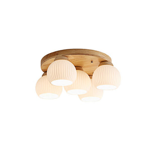 Minimalist multi head walnut ceiling lamp – white wood glow
