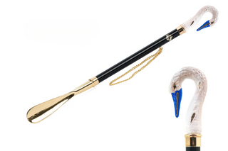 gold-plated swan handle artisan brass gift box long handle handmade Italian luxury shoehorn front view