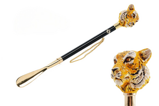24K gold tiger design handle handmade Italian luxury shoehorn front view