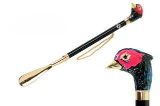 gold-plated pheasant handle 24K brass gift box long handle handcrafted Italian luxury shoehorn front view