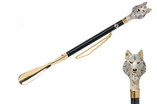 24K gold wolf design hand painted handle handmade Italian luxury shoehorn front view