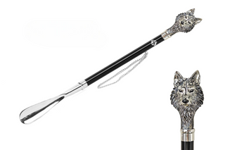 silver-plated hand enameled wolf design long handle handmade Italian luxury shoehorn front view
