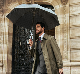 Luxury leather braided handle handmade Italian men's rain umbrella back view